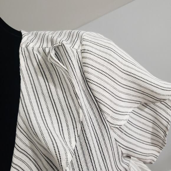 Asher by Fab'rik Zurich Tulip Sleeve Ruffled High Low Wrap Striped Dress Medium - Picture 6 of 12